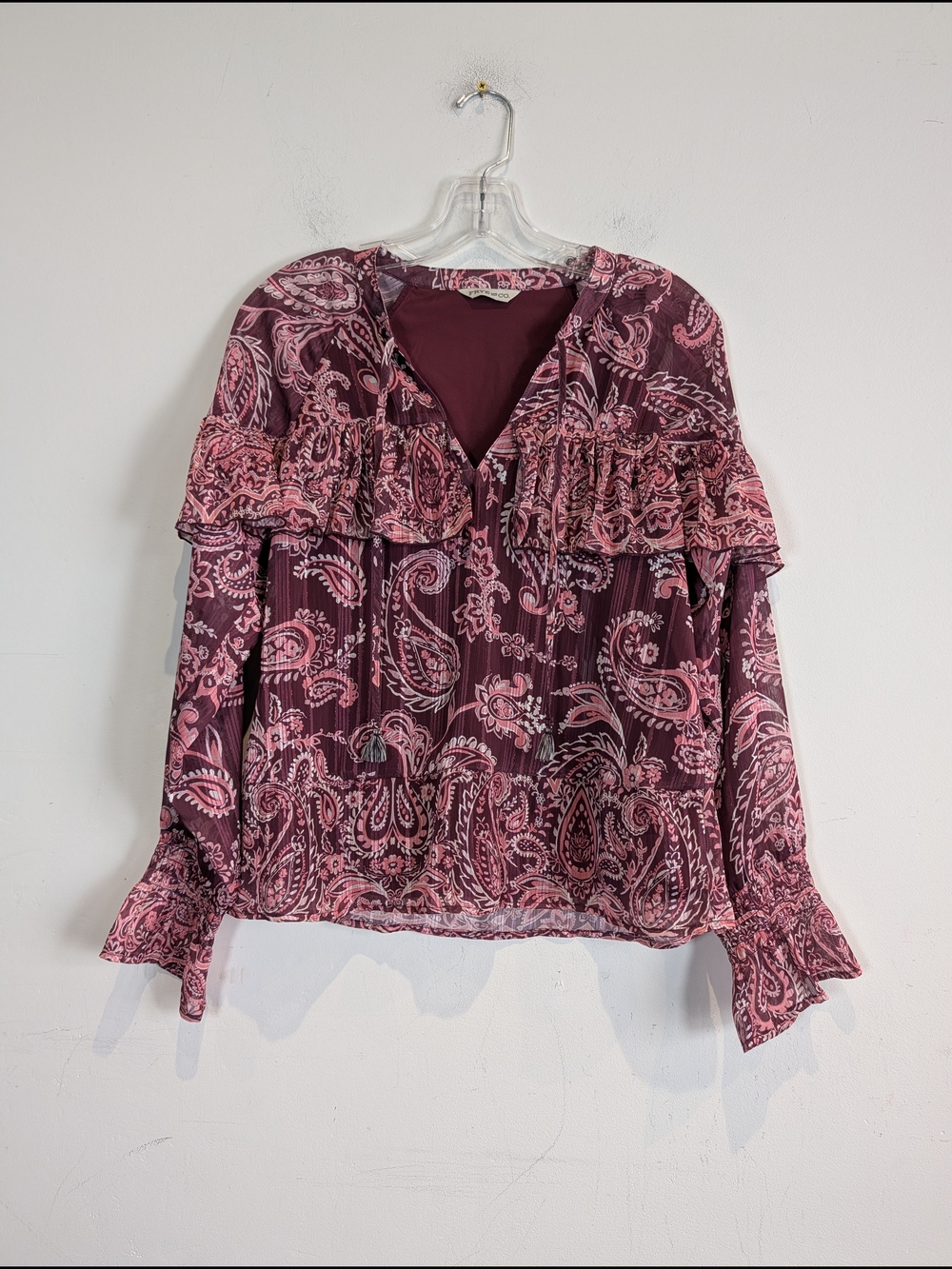 Frye&Co Paisley Ruffle Blouse in Burgundy and Pink, Size S/M